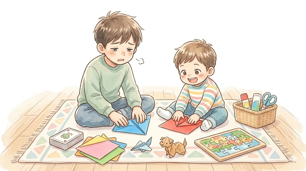 体調不良の日に折り紙やパズルで静かに遊ぶ兄弟のイラスト