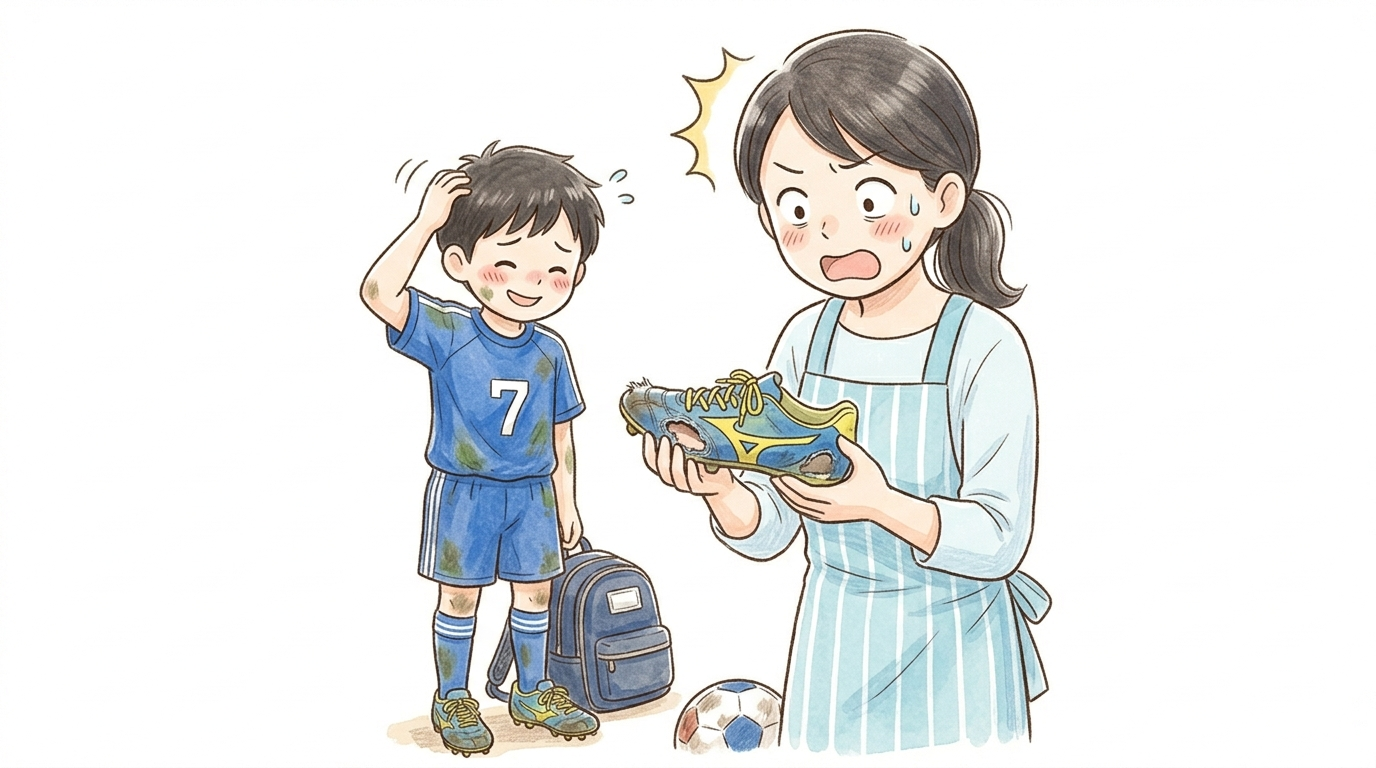 穴の開いたスパイクに驚くママと照れ笑いする男の子のイラスト