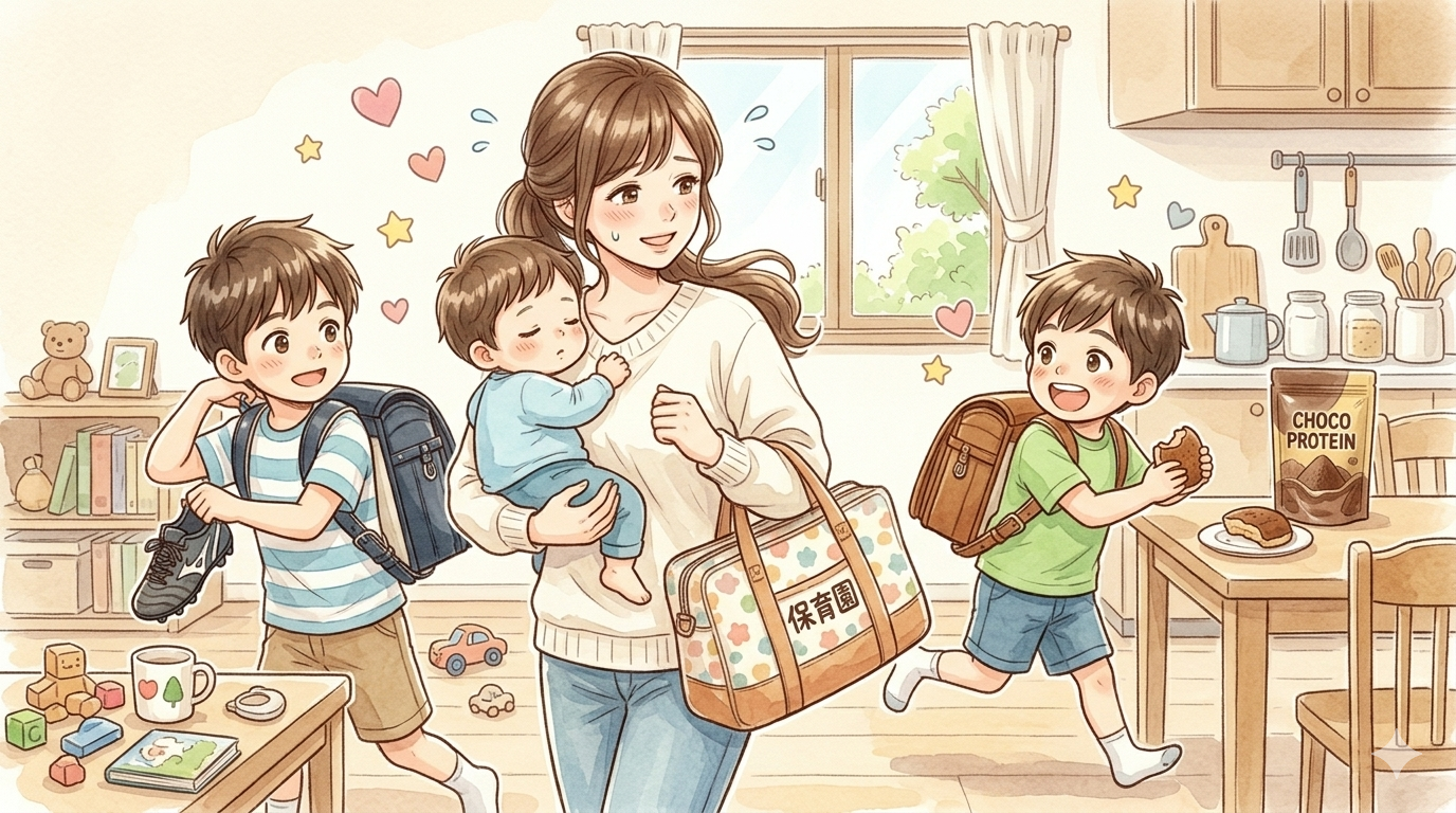 保育園バグとランドセルを持って性ぐママと兄弟たちのイラスト