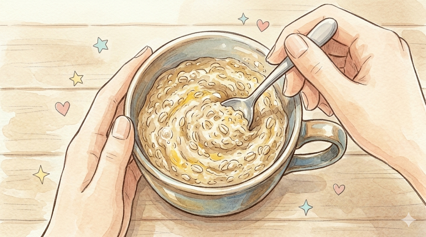 オートミールとプロテインを混ぜているカップのイラスト