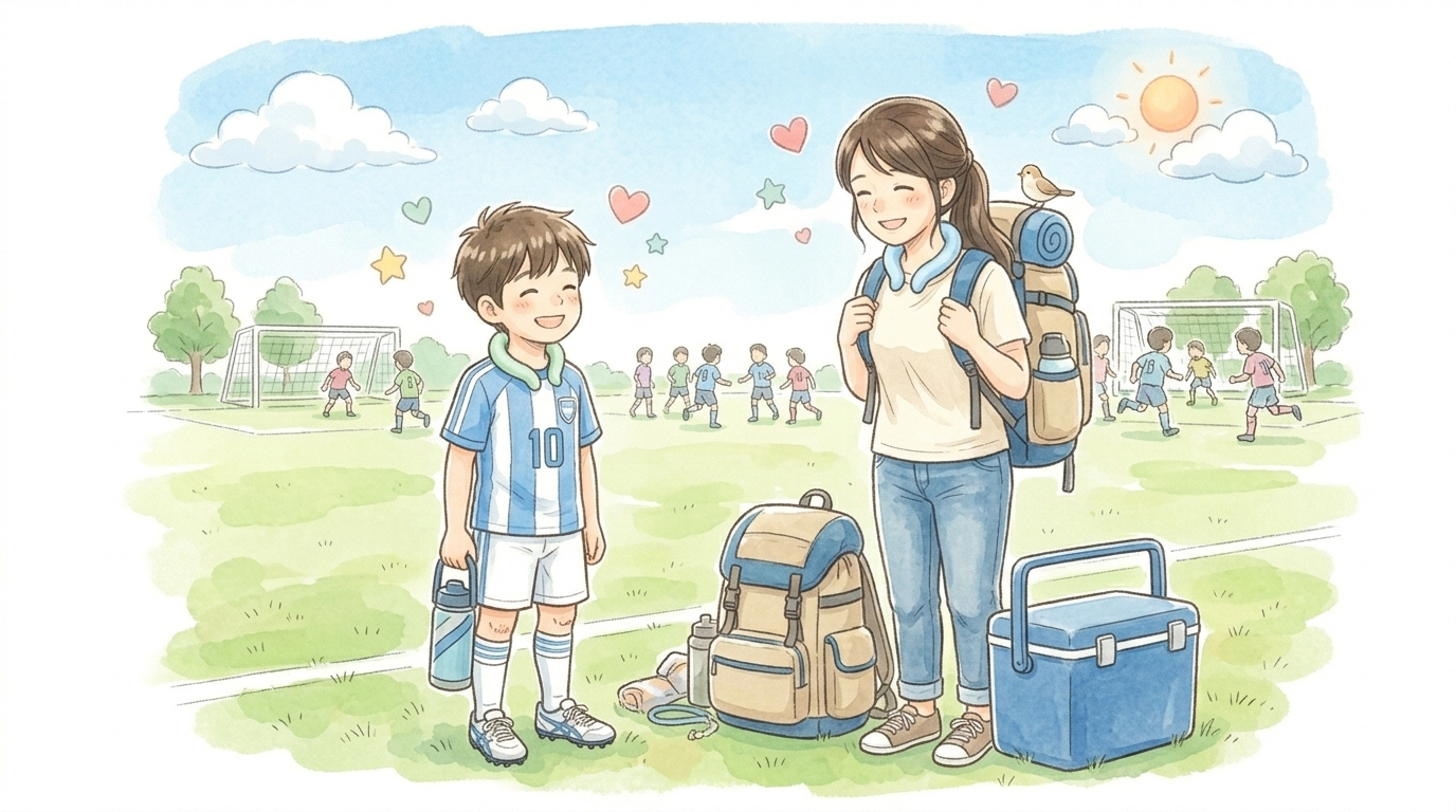 夏のグラウンドで準備万端のママとサッカー少年のイラスト