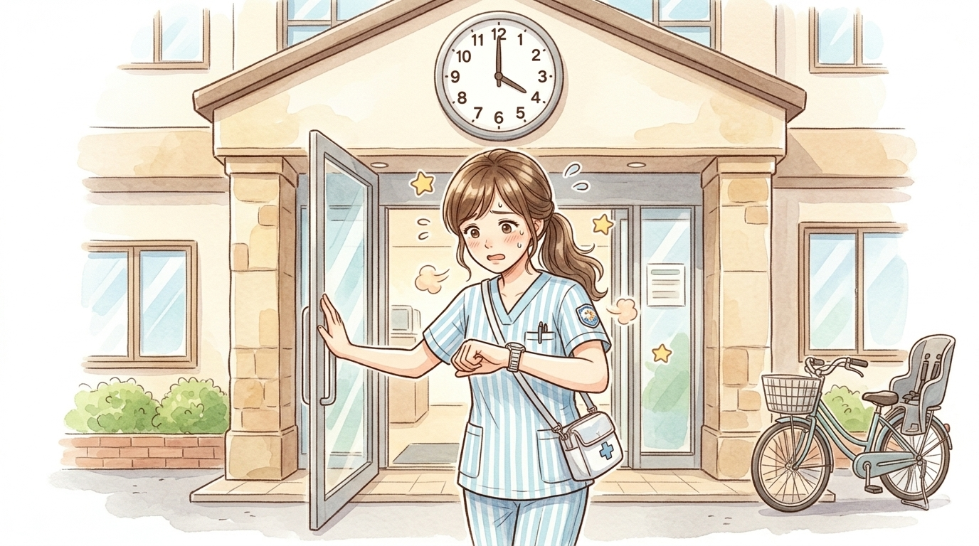 時計を見て慕てる看護師ママのイラスト
