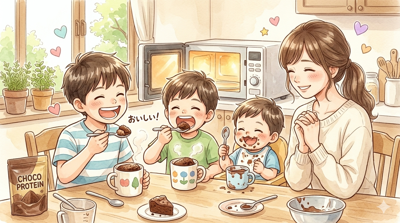 3兄弟とママがチョコバナナケーキを食べるイラスト