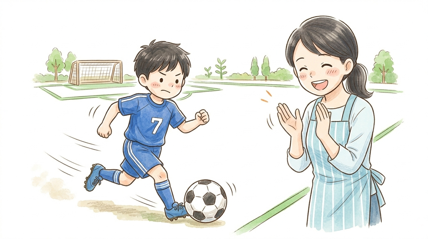 サッカーを頑張る子どもを拍手で応援するママのイラスト