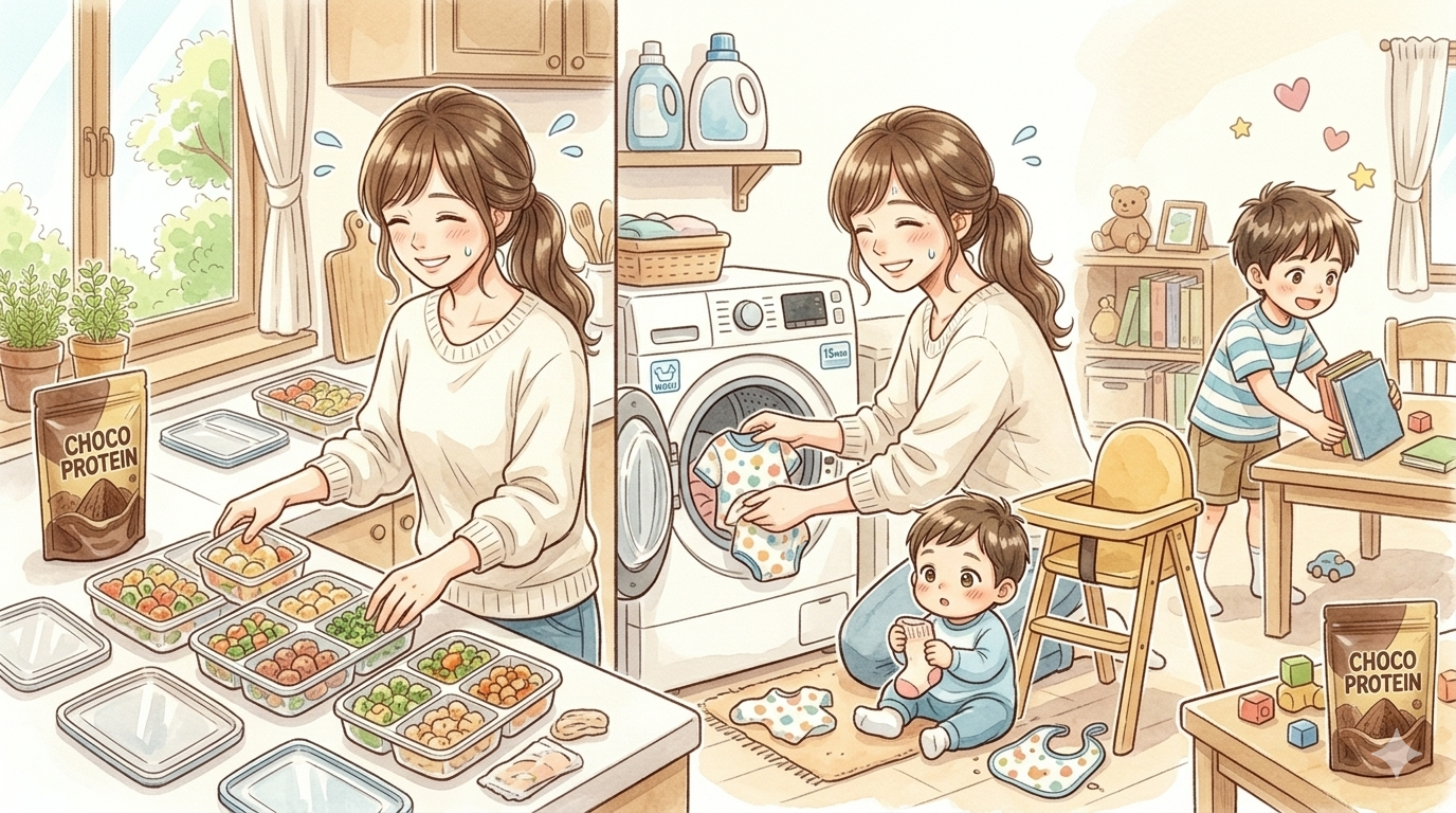 作り置きと洗濯をするママのイラスト