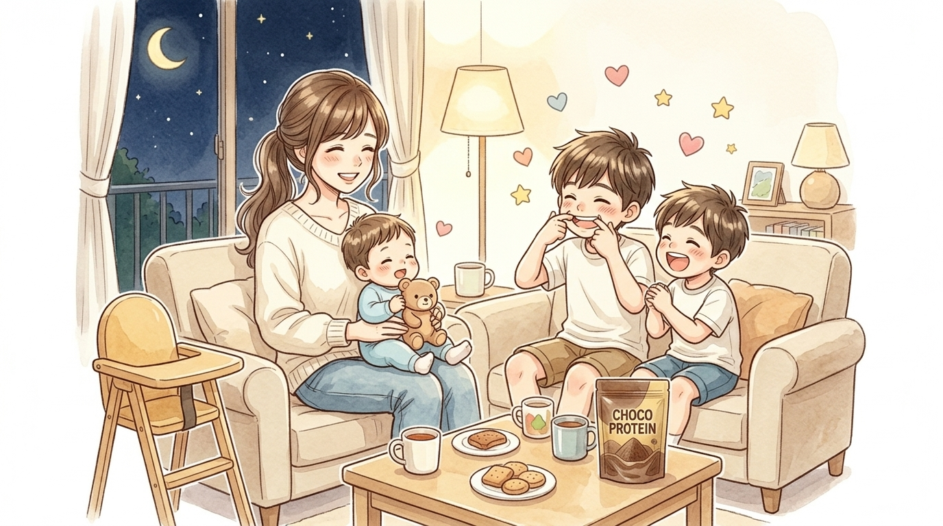 夜にほっと一息つく看護師ママと子どもたちのイラスト