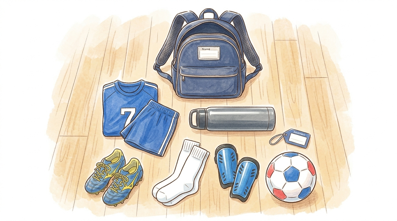 サッカーを始めるのに必要な道具一式のイラスト
