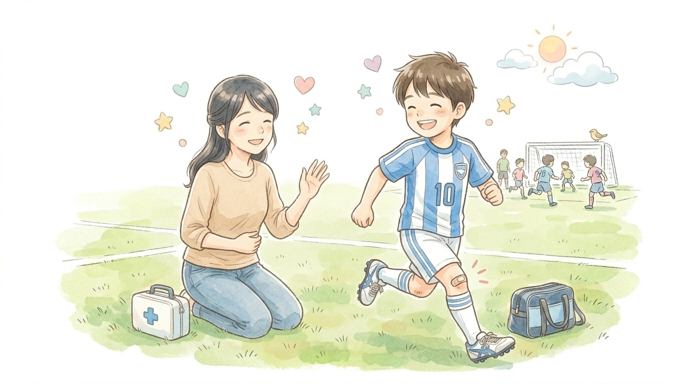 手当て後に笑顔でグラウンドへ戻る男の子とママのイラスト