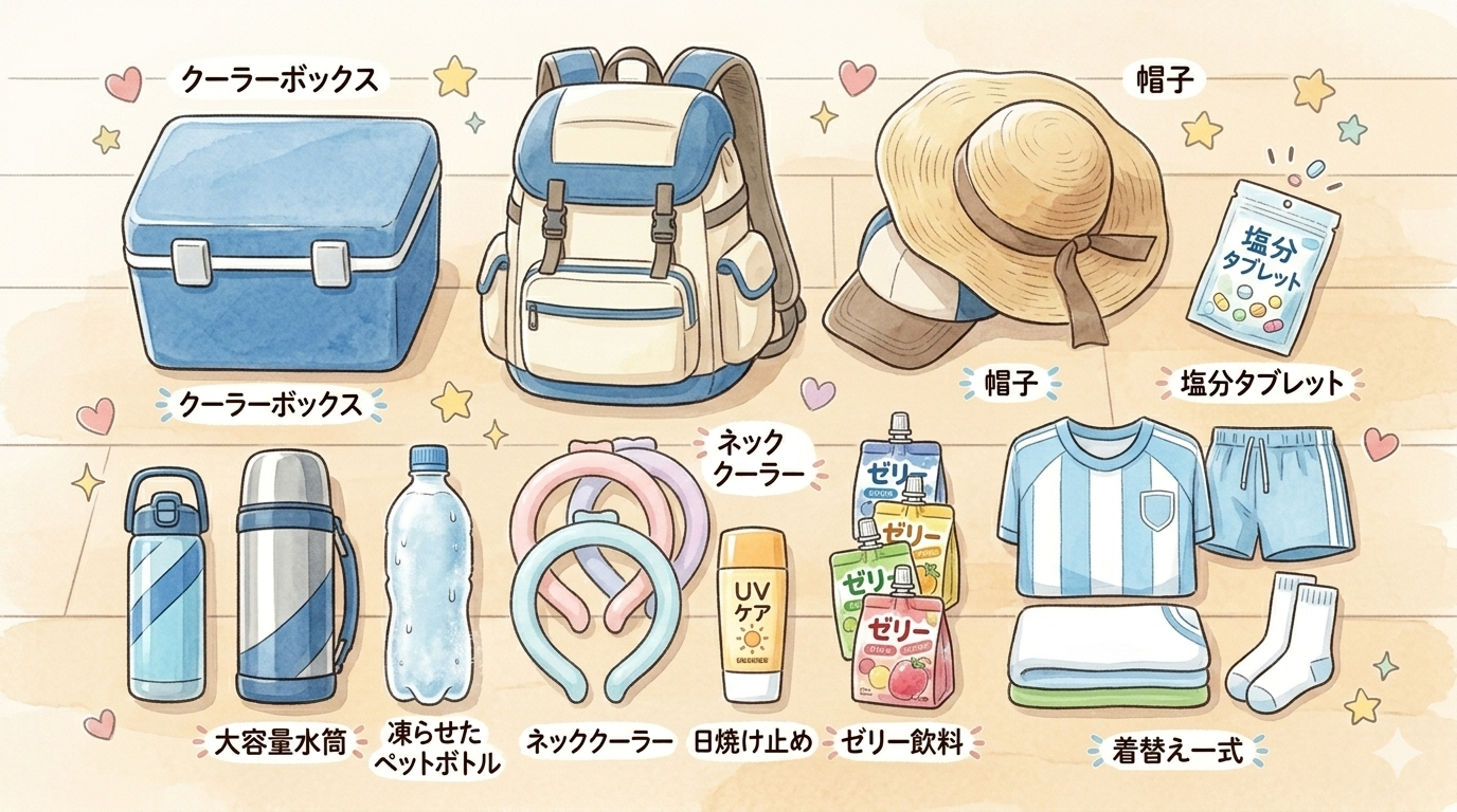 夏の遠征グッズを並べた係父歓図イラスト