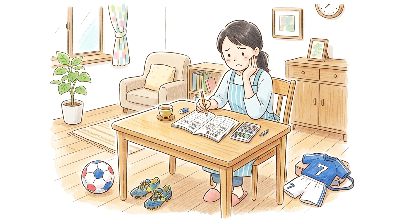 サッカーの費用を家計簿で計算しながら悩むママのイラスト