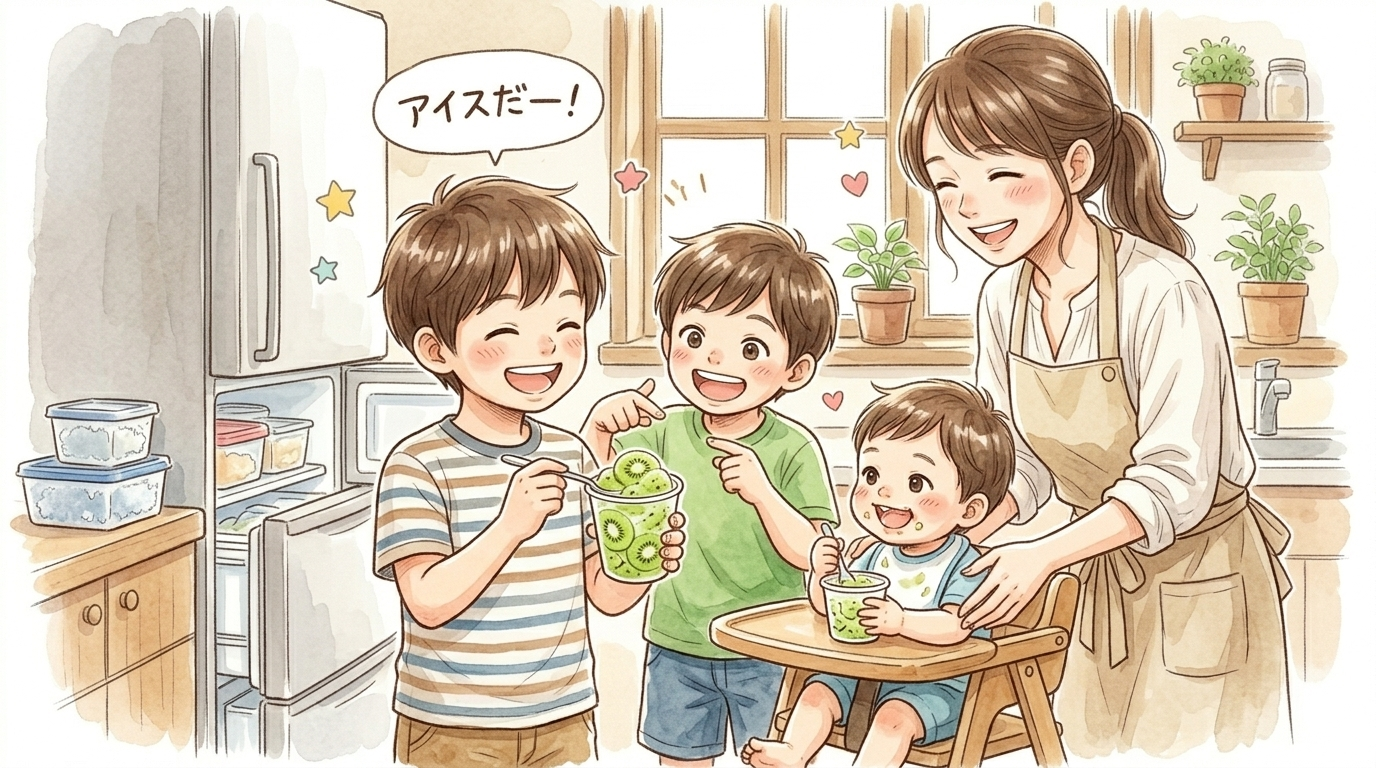 3兄弟とママがキウイアイスを食べるイラスト