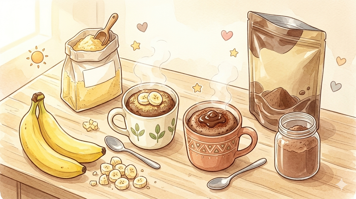 完成したチョコバナナきな粉ケーキのマグカップイラスト