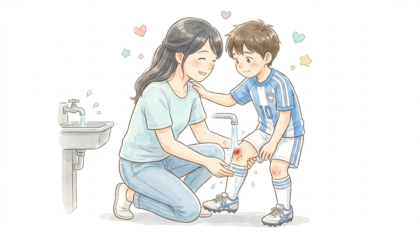 水道で傷口を洗ってあげるママのイラスト